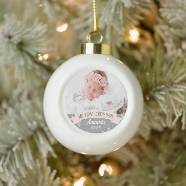 Boule En Céramique Première photo de Noël Blush rose Baby Girl (Arbre)