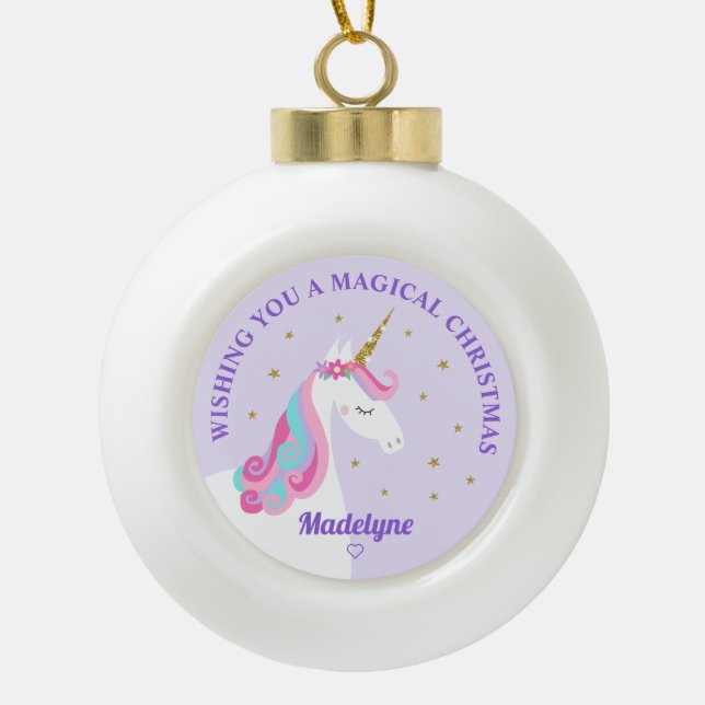 Boule En Céramique Rainbow Unicorn violet Noël personnalisé (Devant)