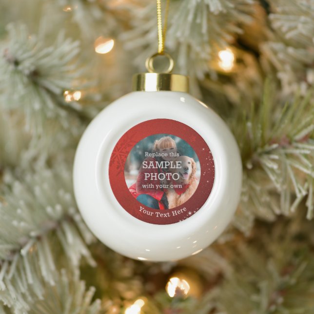 Boule En Céramique Red Snowflake Stars Photo Texte personnalisé (Arbre)