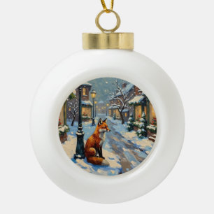 Boule En Céramique Renard vintage sous lampe à gaz dans un Noël ennei