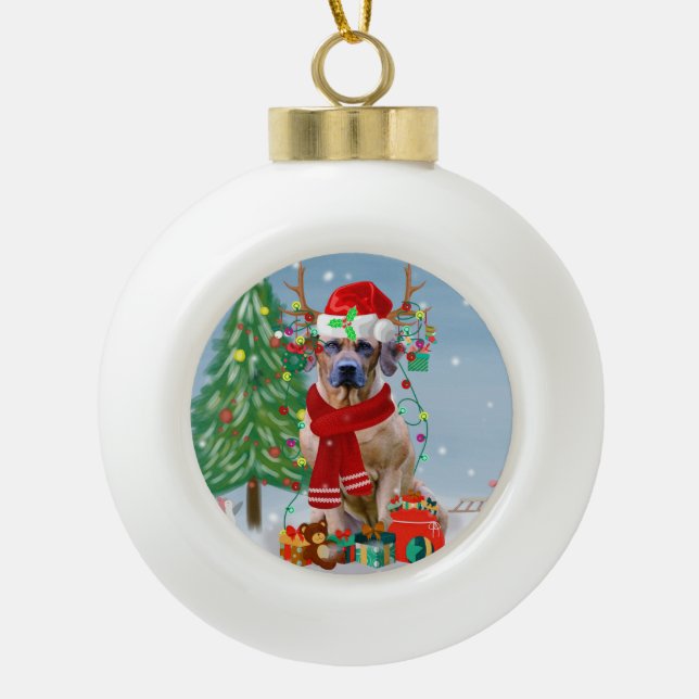 Boule En Céramique Rhodesian Ridgeback Chien dans neige cadeau de Noë (Devant)