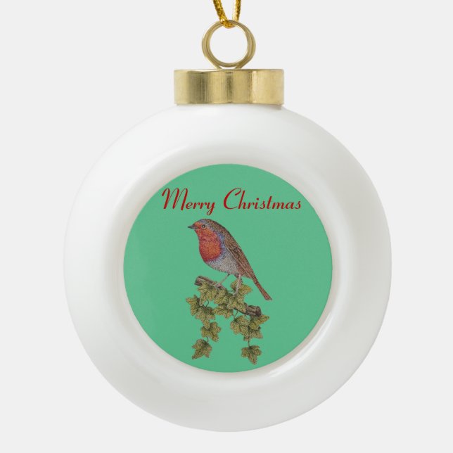 Boule En Céramique Robin de Noël et feuilles de lierre pour Noël (Devant)