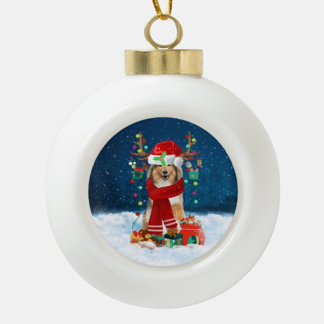 Boule En Céramique Rough Collie chien avec cadeaux de Noël (Devant)
