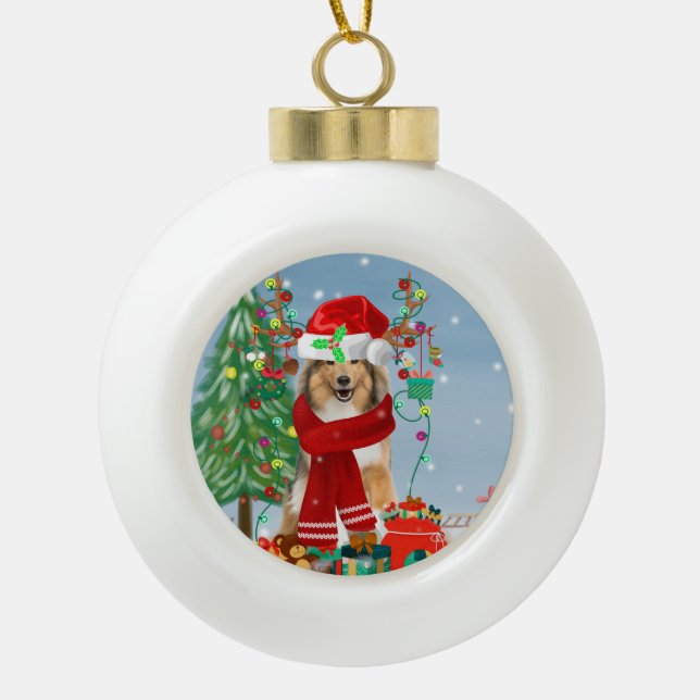 Boule En Céramique Rough Collie Chien dans neige cadeau de Noël (Devant)