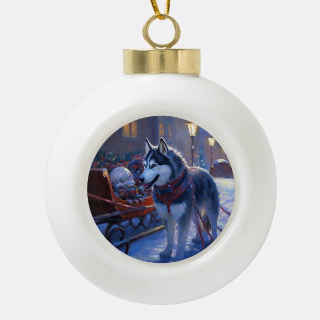 Boule En Céramique Saison de Noël Sibérienne Husky (Devant)