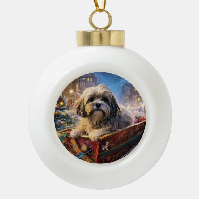 Boule En Céramique Saison Festive de Noël de Lhasa Apso (Devant)