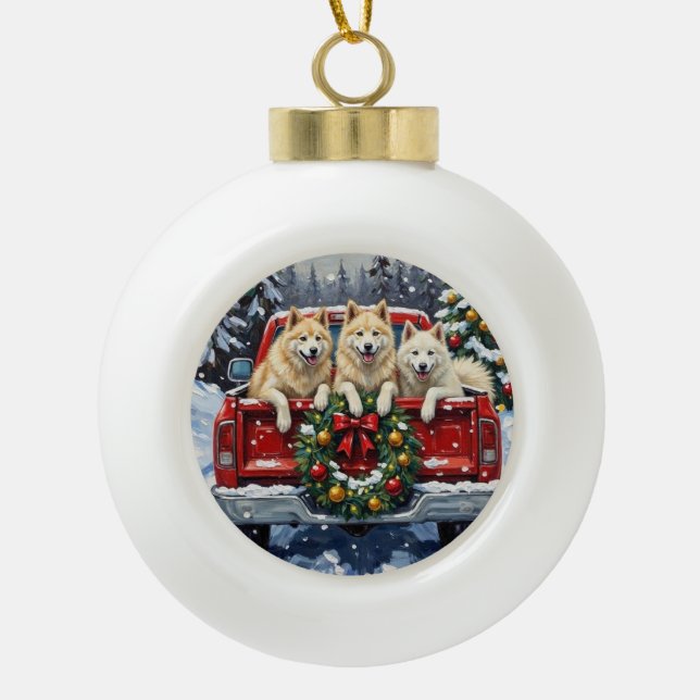 Boule En Céramique Samoyed Christmas Red Truck Holiday (Devant)
