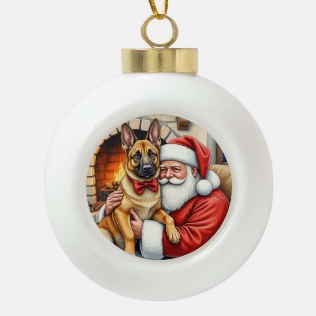Boule En Céramique Santa Claus Holding Belgian Malinois Christmas Art (Devant)