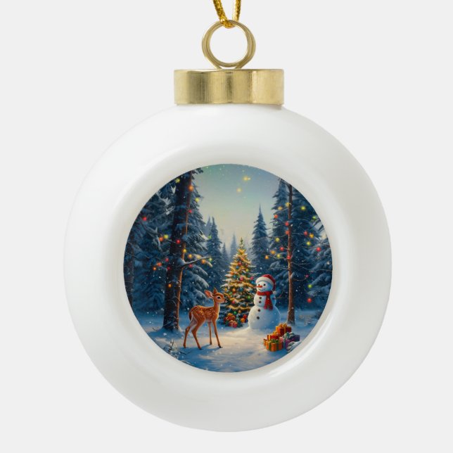 Boule En Céramique Scene d'arbre de Noël Cute Deer Fawn Snowman (Devant)