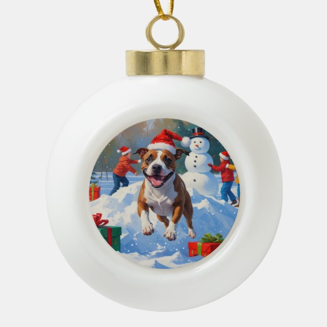 Boule En Céramique Scène de Noël de Bull Terrier (Devant)