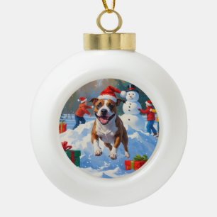 Boule En Céramique Scène de Noël festive avec un Bull Terrier dans la