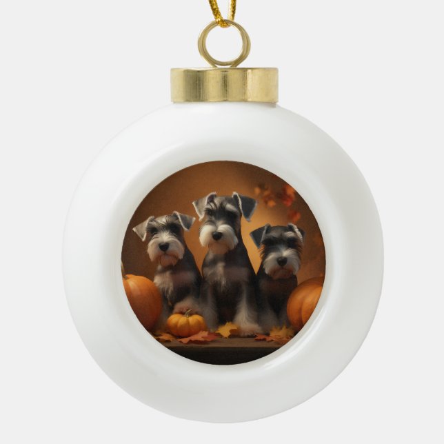 Boule En Céramique Schnauzer Chiot Automne Citrouille de plaisir (Devant)