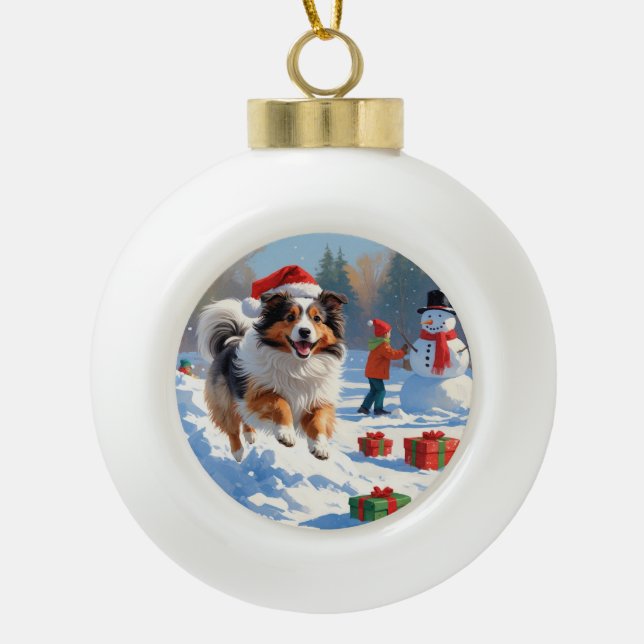 Boule En Céramique Shetland Sheepdog Courir La Neige Avec Le Casquett (Devant)