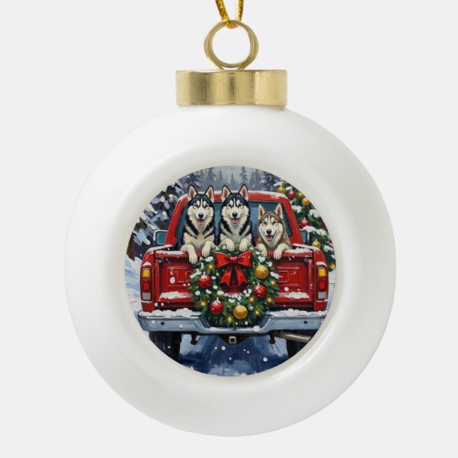 Boule En Céramique Siberian Husky Christmas Red Truck Holiday (Devant)