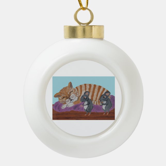 Boule En Céramique Sleeping Cat & Mice Snowflake Framed Ornament (Devant)