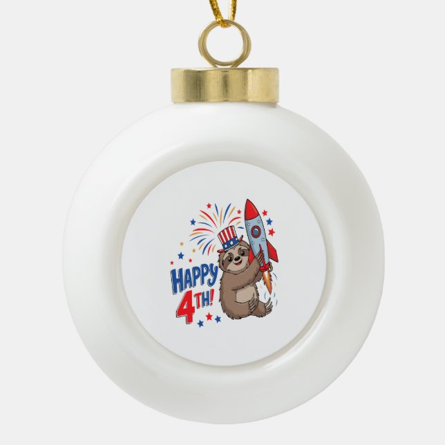 Boule En Céramique Sloth Happy 4th Rocket Fireworks USA (Devant)