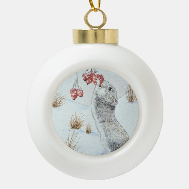 Boule En Céramique Souris mignonne et baies rouges scène de neige (Devant)