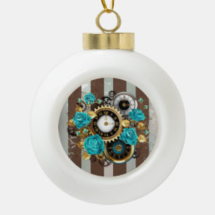 Boule En Céramique Steampunk Clock and Turquoise Roses on Striped