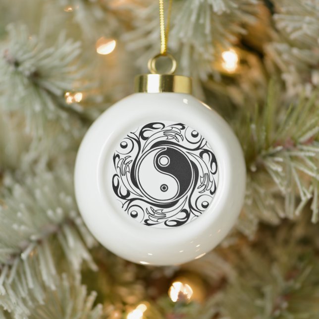 Boule En Céramique Symbole Yin et Yang Style tatouage noir et blanc (Arbre)