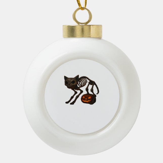 Boule En Céramique T-shirt déplaisant Chat Squelette Halloween Cadeau (Devant)