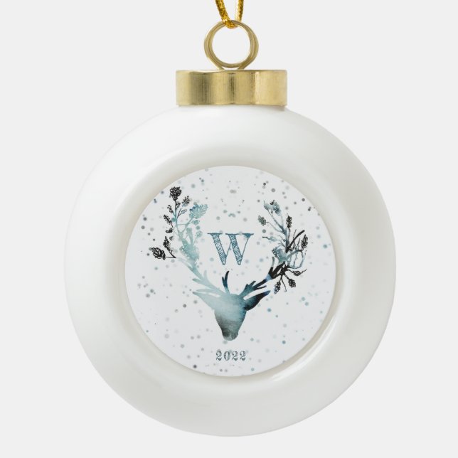 Boule En Céramique Tête de cerf d'hiver Silver Blue Monogram Noël (Devant)