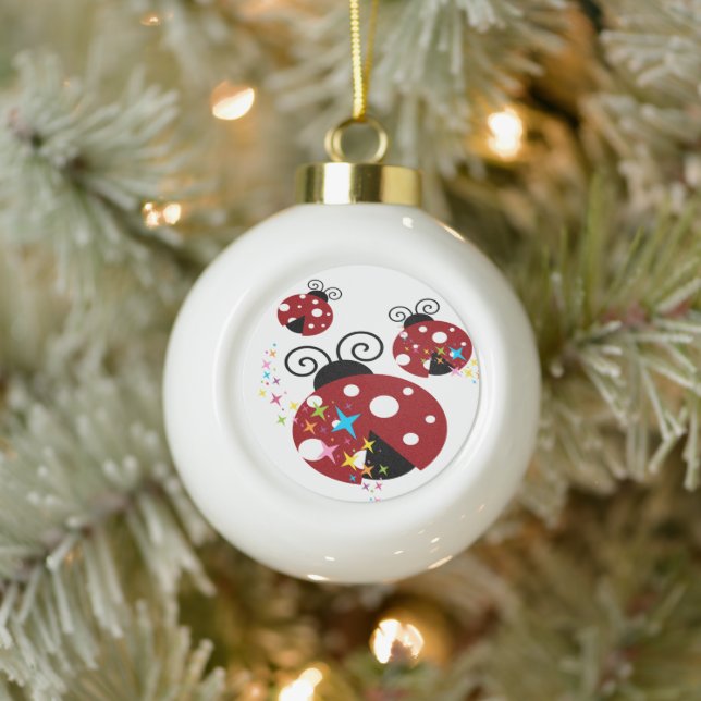 Boule En Céramique Trois coccinelle rouge et noire avec étoiles (Arbre)