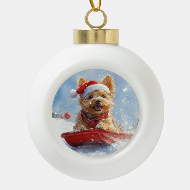 Boule En Céramique Un Terrier australien à la luge, qu'il neige Noël (Devant)