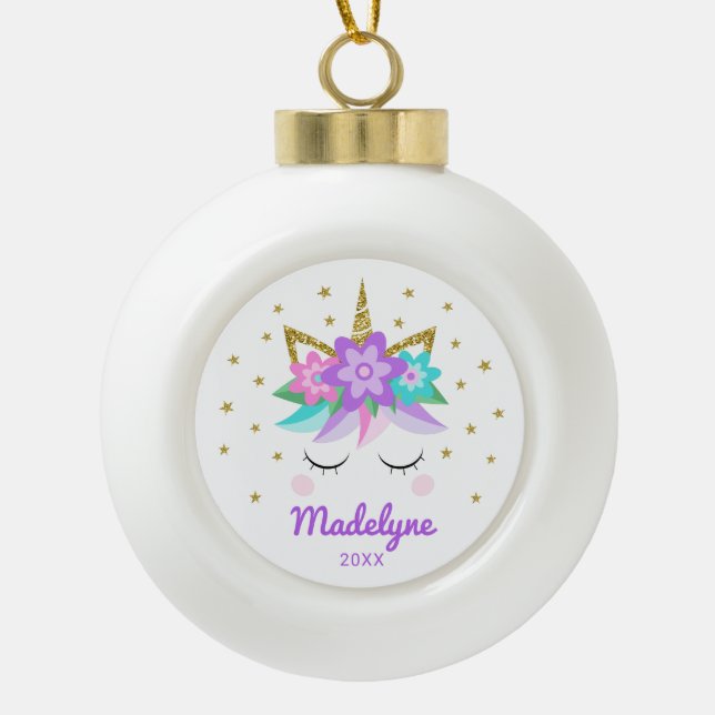 Boule En Céramique Unicorne Fleurs violettes Étoiles Nom personnalisé (Devant)