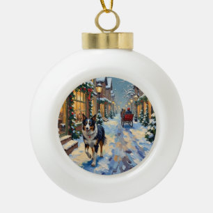 Boule En Céramique Village de Noël enneigé vintage avec Border Collie