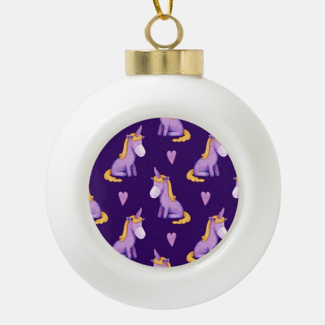 Boule En Céramique Violet Unicorns Hearts Aquarelle Motif. (Devant)