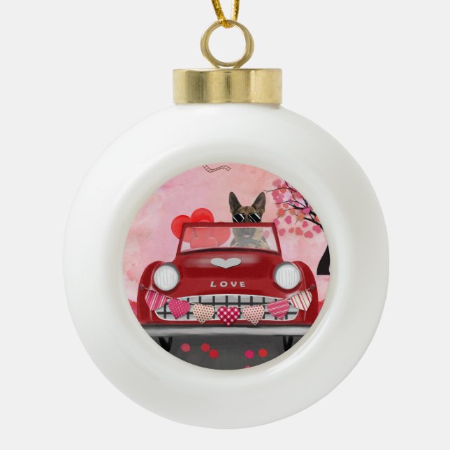 Boule En Céramique Voiture berger allemande avec les coeurs Valentine (Devant)