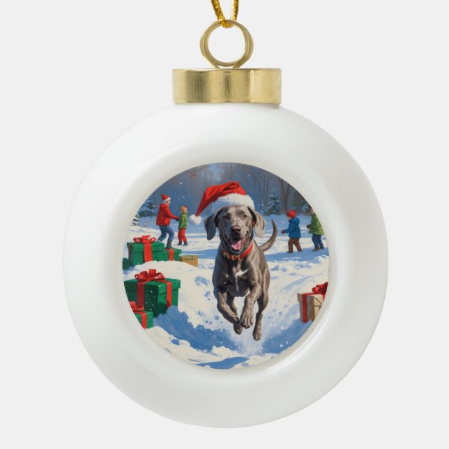 Boule En Céramique Weimaraner coule en neige avec le Casquette de Noë (Devant)