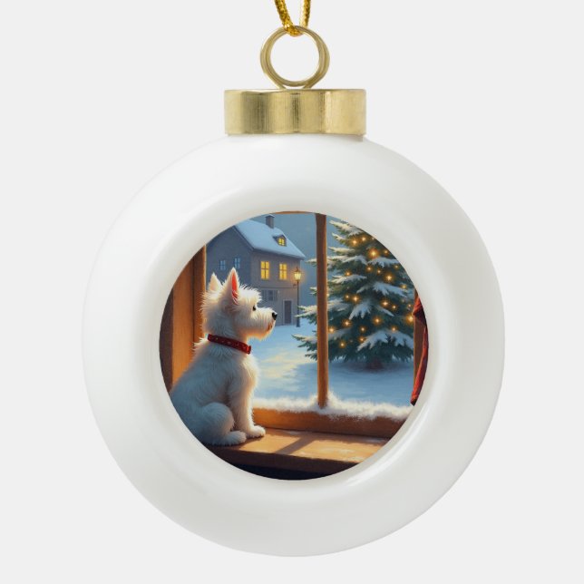 Boule En Céramique West Highland White Terrier Christmas Morning View (Devant)