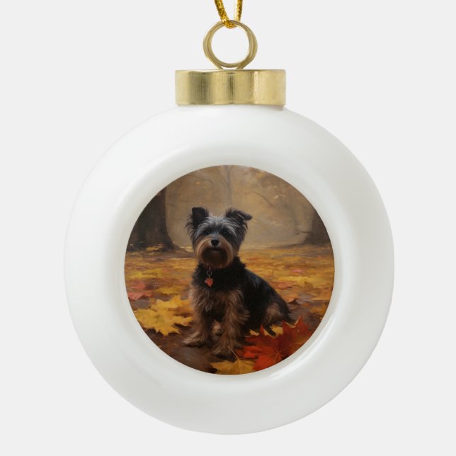 Boule En Céramique Yorkipoo à l'automne Feuilles automne Inspire (Devant)