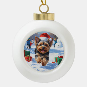 Boule En Céramique Yorkipoo coule en neige avec le Casquette de Noël