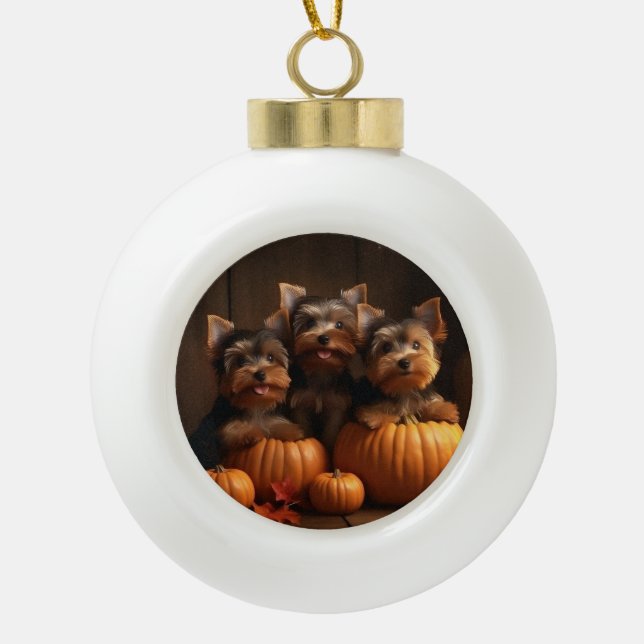 Boule En Céramique Yorkshire Terrier Chiot Automne Citrouille délice (Devant)