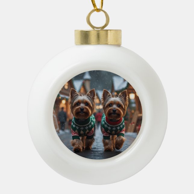 Boule En Céramique Yorkshire Terrier Dogs Christmas Snow Holiday  (Devant)
