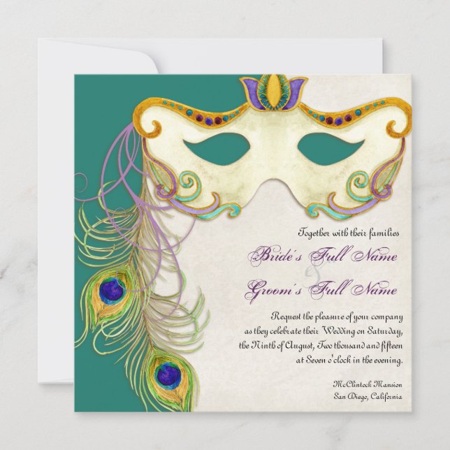 Boule Mascarade Peacock - Faire-part de mariage (Devant)