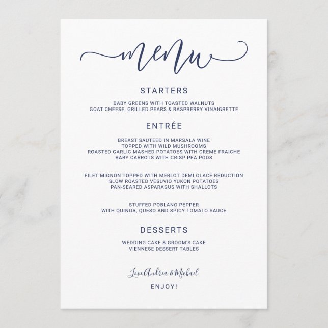 Bounce Calligraphy Swirly (Navy Blue) Wedding Menu (Front)