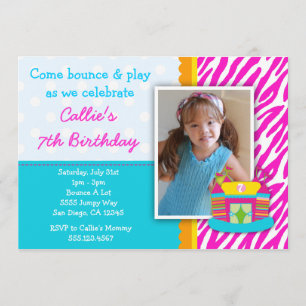 Bounce House Birthday Invitation Zebra Print Pink