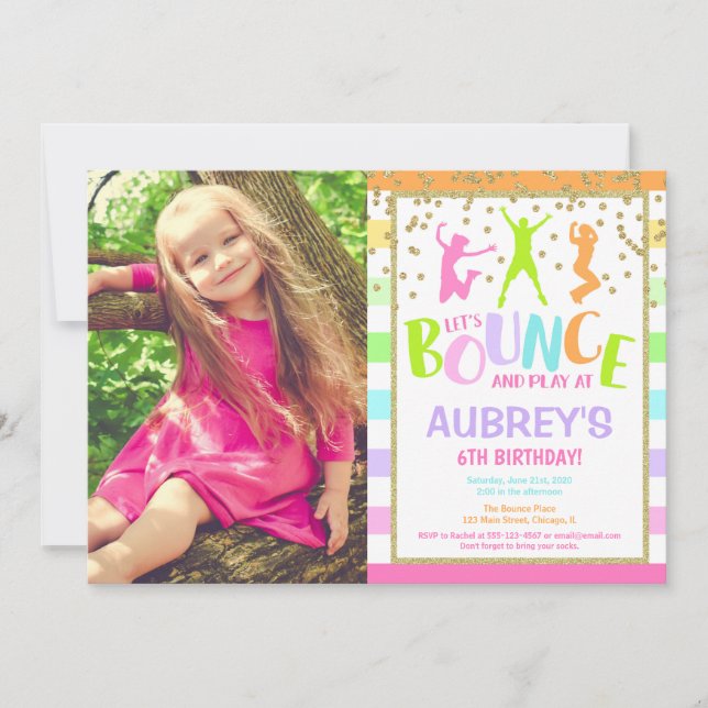 Bounce house birthday party colourful photo invitation (Front)