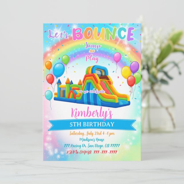 Bounce House Colorful Girl Rainbow Birthday Party Invitation (Standing Front)