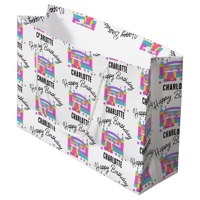 Bounce House Jumping Castle Girls Birthday Party Large Gift Bag (Front Angled)