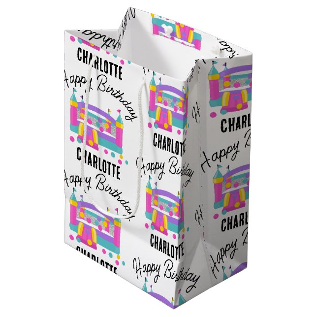 Bounce House Jumping Castle Girls Birthday Party Medium Gift Bag (Front Angled)