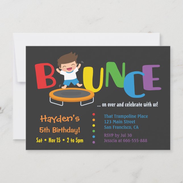 Bounce Trampoline Boys Birthday Party Invitations (Front)