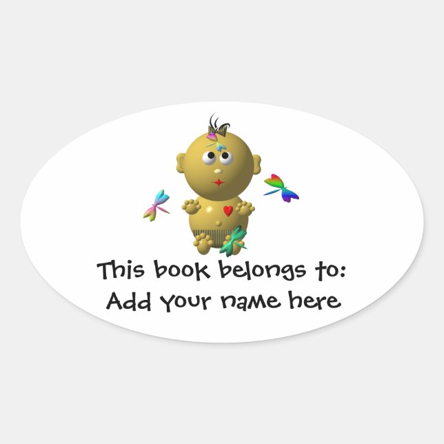 BOUNCING BABY GIRL WITH 4 DRAGONFLIES OVAL STICKER (Front)