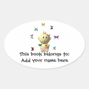 BOUNCING BABY GIRL WITH 9 BUTTERFLIES OVAL STICKER