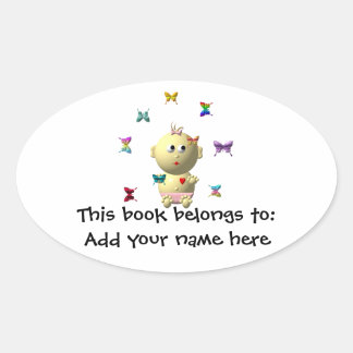 BOUNCING BABY GIRL WITH 9 BUTTERFLIES OVAL STICKER