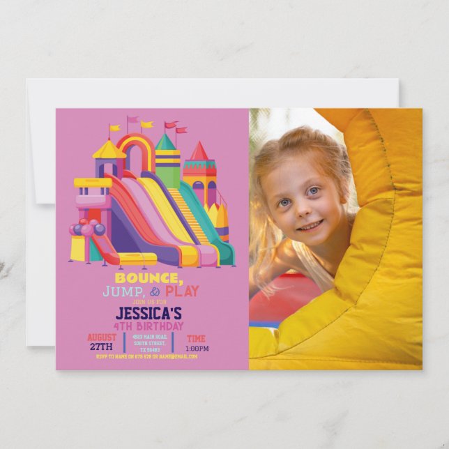 Bouncy Castle Birthday Party Photo Bounce Pink Invitation (Front)