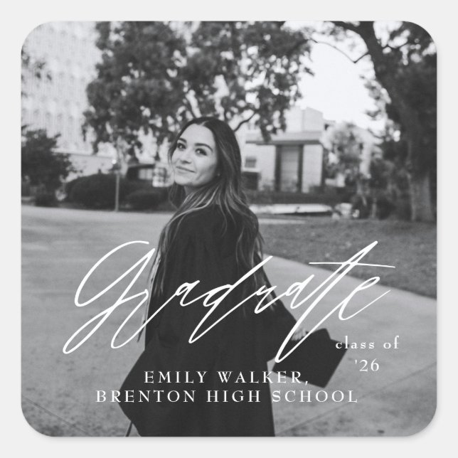 Bouncy Script Graduation Announcement Square Sticker (Front)